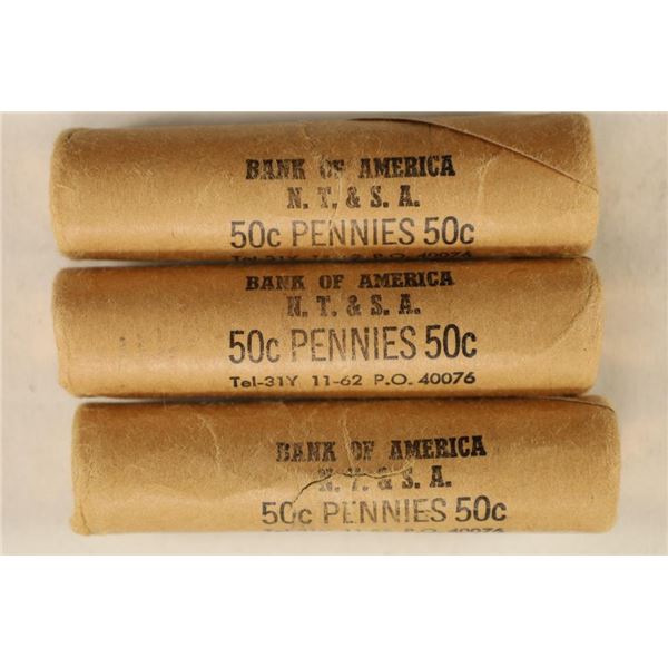 3 SOLID DATE ROLLS OF BU 1963-D LINCOLN CENTS.