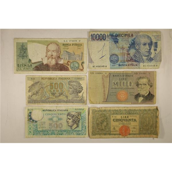 6-ITALIAN LIRE BILLS: 1943-FIFTY, 1966-500,