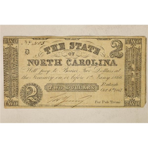 1861 STATE OF NORTH CAROLINA $2 OBSOLETE CURRENCY