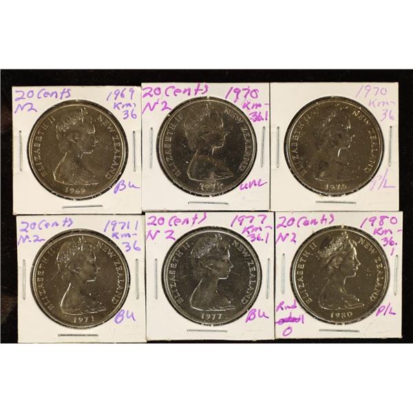 6 NEW ZEALAND 20 CENT BU COINS: 1969, 2-1970, 1971