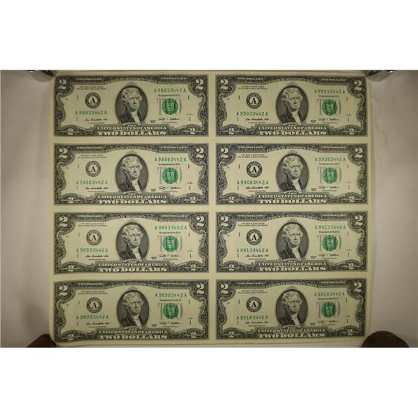 UNCUT SHEET OF 8-2009 US $2 FRN'S CRISP UNC