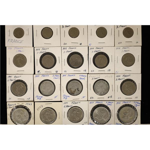 20 ASSORTED FRANCE COINS.  DATES FROM 1945-1994.