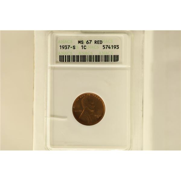 1937-S LINCOLN WHEAT CENT ANACS MS67 RED SLIGHT