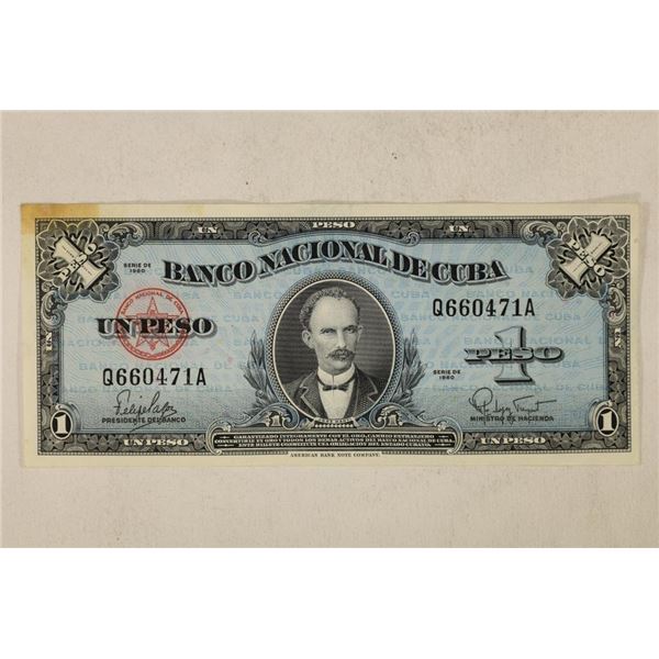 1960 BANK OF CUBA 1 PESO CRISP UNC BILL WITH SMALL