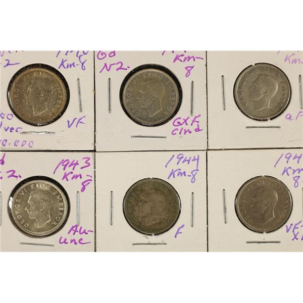 6-NEW ZEALAND SILVER 6 PENCE: 1940,41,42,43,44 &