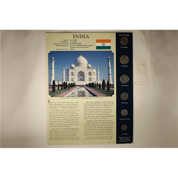 INDIA 6 COIN UNC SET ON LARGE CARDBOARD INFO CARD