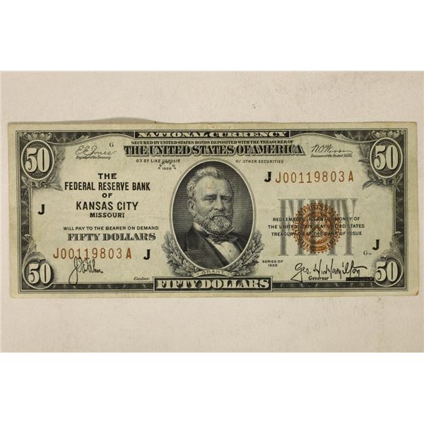 1929 $50 US NATIONAL CURRENCY KANSAS CITY BROWN