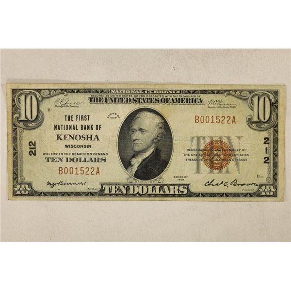 1929 US $10 NATIONAL CURRENCY  KENOSHA  WITH LOW