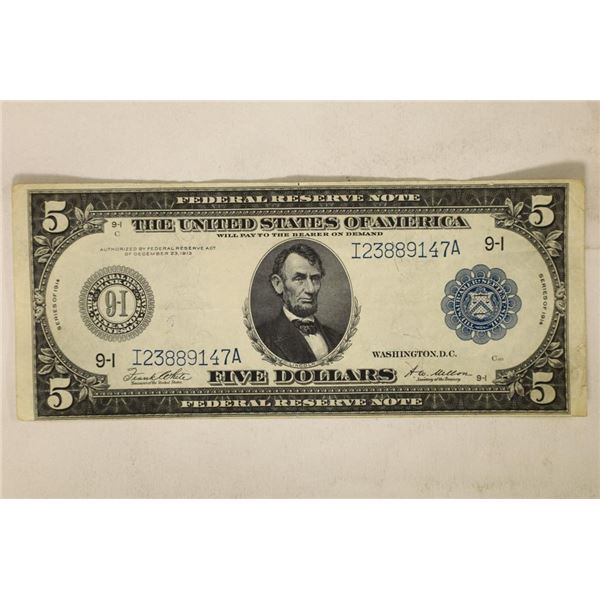 1914 LARGE SIZE US $5 FEDERAL RESERVE NOTE