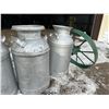 Image 6 : VINTAGE MILK CAN LOT AND METAL WHEEL