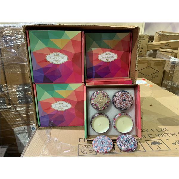 BOX OF APPROX 20, 4 PIECE CANDLE SET, SCENTS INCLUDE; VANILLA, LAVENDER, JASMINE AND SANDALWOOD