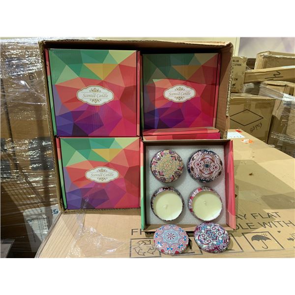 BOX OF APPROX 20, 4 PIECE CANDLE SET, SCENTS INCLUDE; VANILLA, LAVENDER, JASMINE AND SANDALWOOD