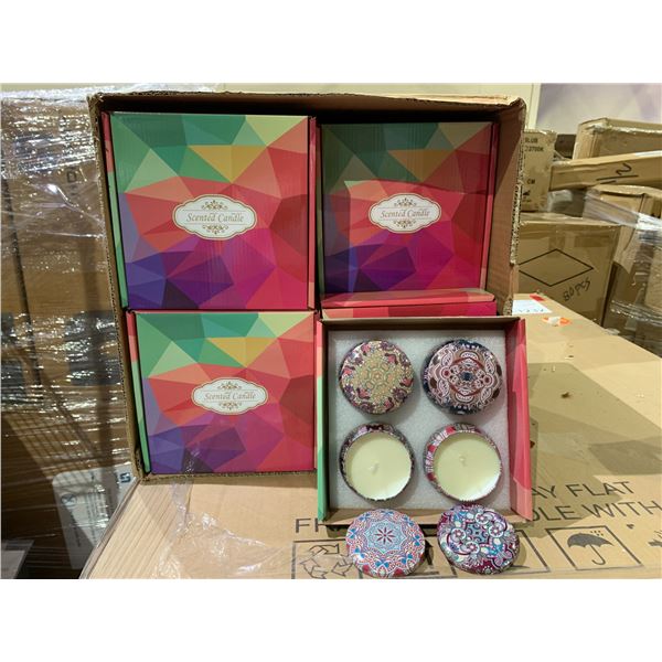 BOX OF APPROX 20, 4 PIECE CANDLE SET, SCENTS INCLUDE; VANILLA, LAVENDER, JASMINE AND SANDALWOOD