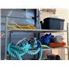 Image 1 : 2 SHELVES OF ASSORTED ITEMS INCLUDING; FITNESS ROPE, TARPS, EXTENSION CORD & MORE