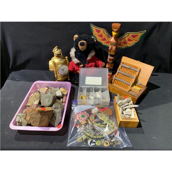 LOT OF SMALL TOTEM POLE *ONE WING BROKEN*, CLOCK, WOODEN BOX, BLACK BEAR STUFFY, ROCKS, JEWELRY AND