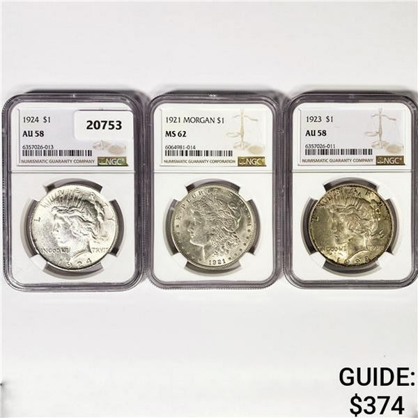 Set 1921 Morgan, 1923 & 1924 Peace Dollars NGC