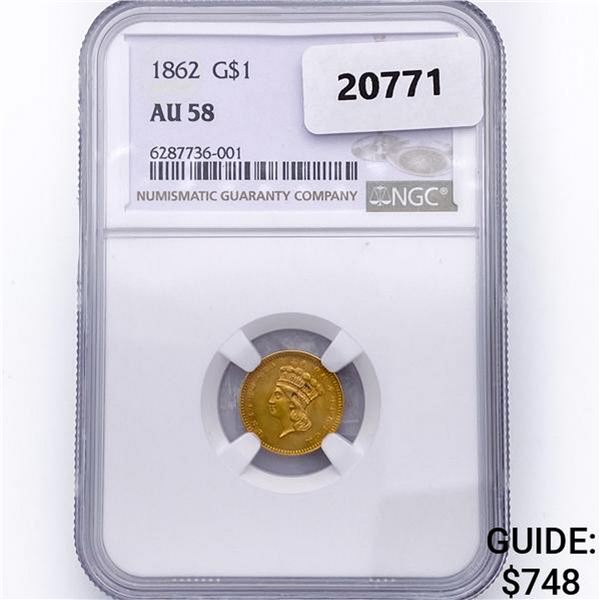 1862 Rare Gold Dollar NGC AU58