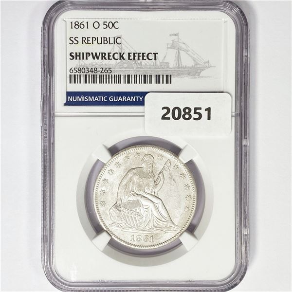 1861-O Seated Lib. 50C NGC Shipwreck SS Rep Bx