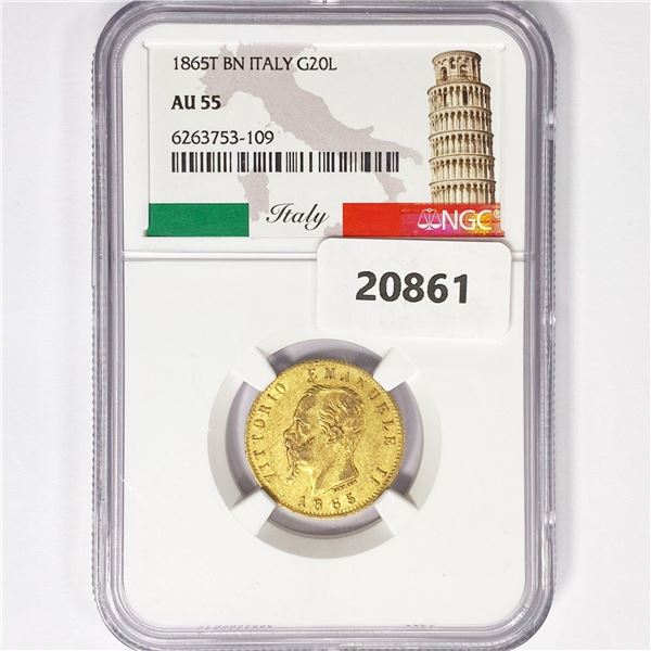 1865T BN 20 Lire .23oz Italy Gold NGC AU55