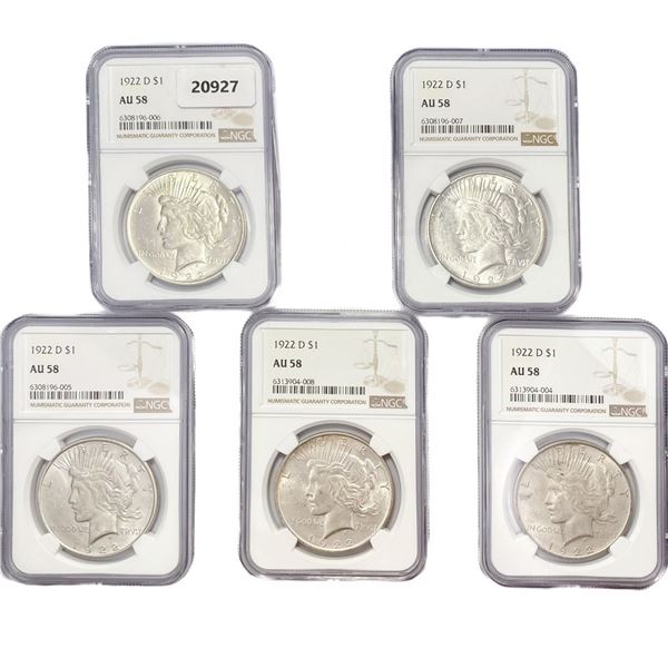 1922-D Set (5) Silver Peace Dollar NGC AU58