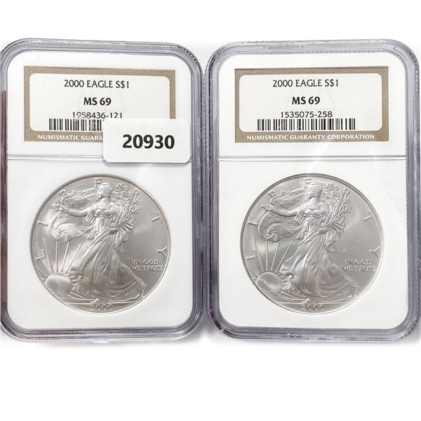 2000 Set (2) American Silver Eagles NGC MS69