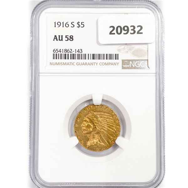 1916-S $5 Gold Half Eagle NGC AU58