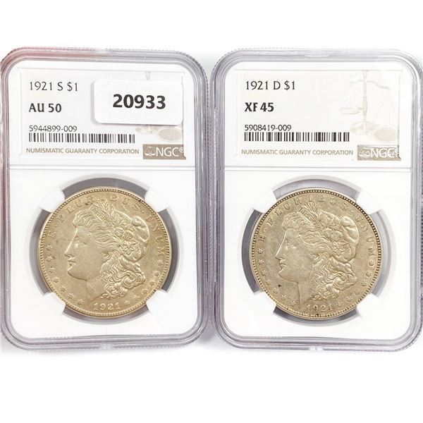 1921-S, 1921-D Set (2) Morgan Silver Dollar NGC