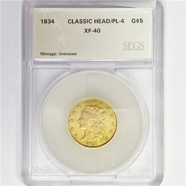 1834 $5 Gold Half Eagle SEGS XF40