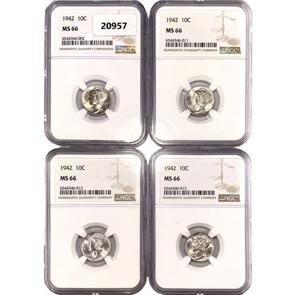 1942 Set (4) Mercury Silver Dime NGC MS66