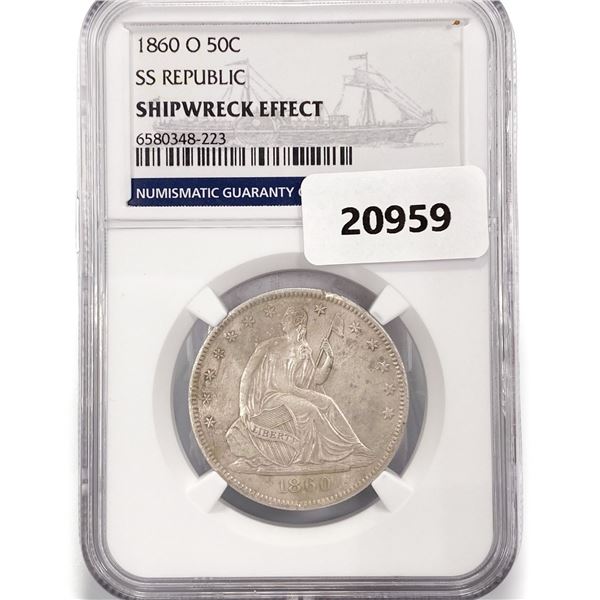1860-O Seated Lib. 50C NGC Shipwreck SS Rep Bx
