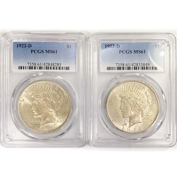 1922-D Set (2) Silver Peace Dollar PCGS MS61