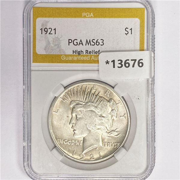 1921 Silver Peace Dollar PGA MS63 High Relief