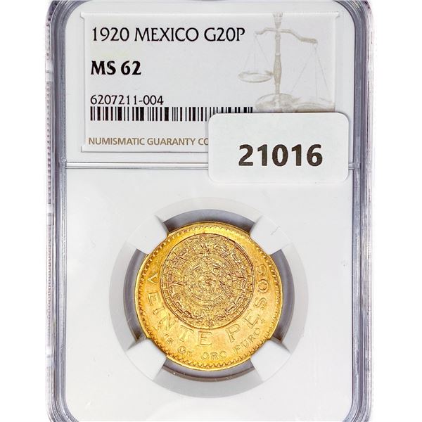 1920 20P .48oz Mexico Gold NGC MS62