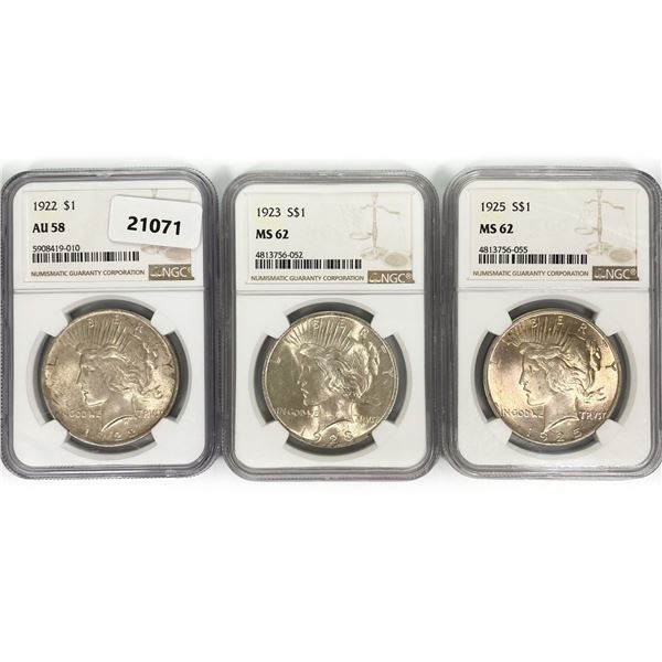 1922-1925 Set (3) Silver Peace Dollar NGC AU, MS