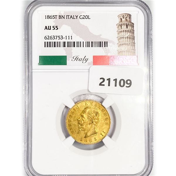 1865T 20 Lire .23oz Italy Gold NGC AU55