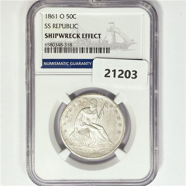 1861-O Seated Lib. 50C NGC Shipwreck SS Rep Bx