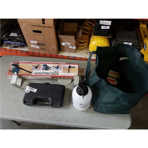 LOT OF TOOLS, ELECTRIC SCREWDRIVER, STAPLER, ANGLE RULER, GUIDE, SPRAYER, CLOCK