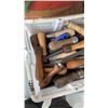 Image 8 : BOX AND TRAY OF WHEELS AND TOOL HANDLES