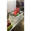 Image 8 : TOTE AND BOX OF SPRINKLERS, CLAMPS, GAS CAN, LUNCH BOX, POLISHER