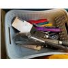 Image 2 : BOX TOTE AND BIN OF KITCHEN ITEMS, PANS, KNIVES, MIXING BOWLS