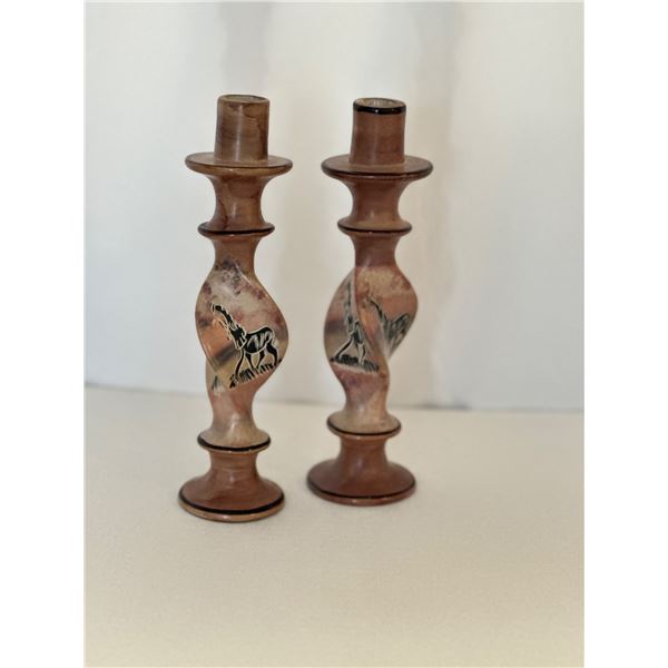 2 Clay Candle Sticks - African Motifs Twisted Base