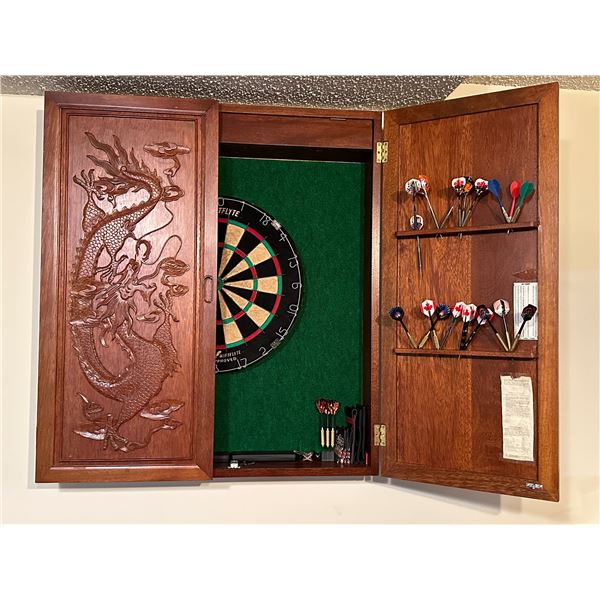 2 Door Carved Rosewood Chinese Motif Dart Board