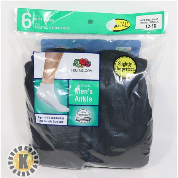 BLACK ANKLE SOCKS,12-16,PACK OF 6,FRUIT OF THE