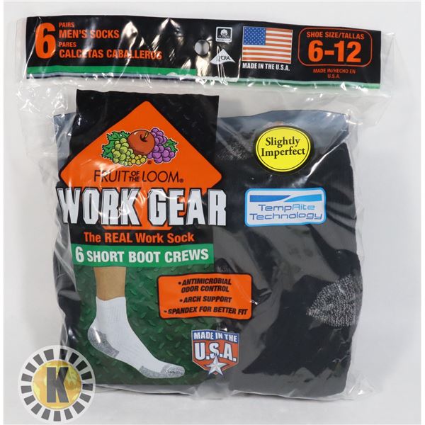 BLACK WORK BOOT SOCKS,6-12,PACK OF 6,FRUIT OF THE