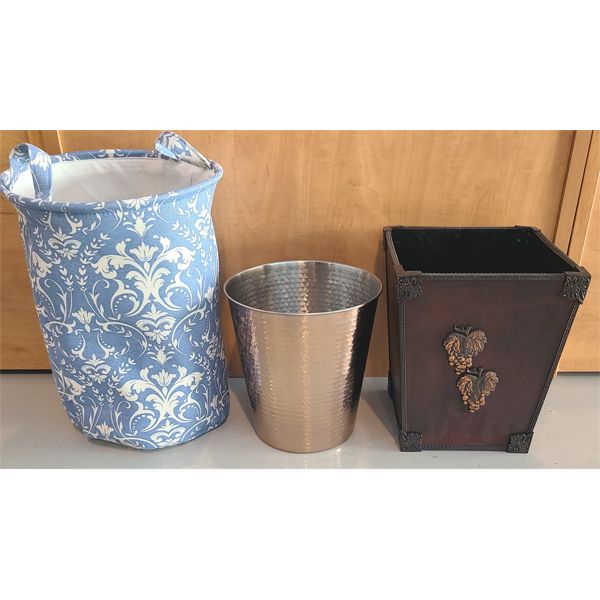 LOT OF 3 - WASTE BASKETS & LAUNDRY HAMPER