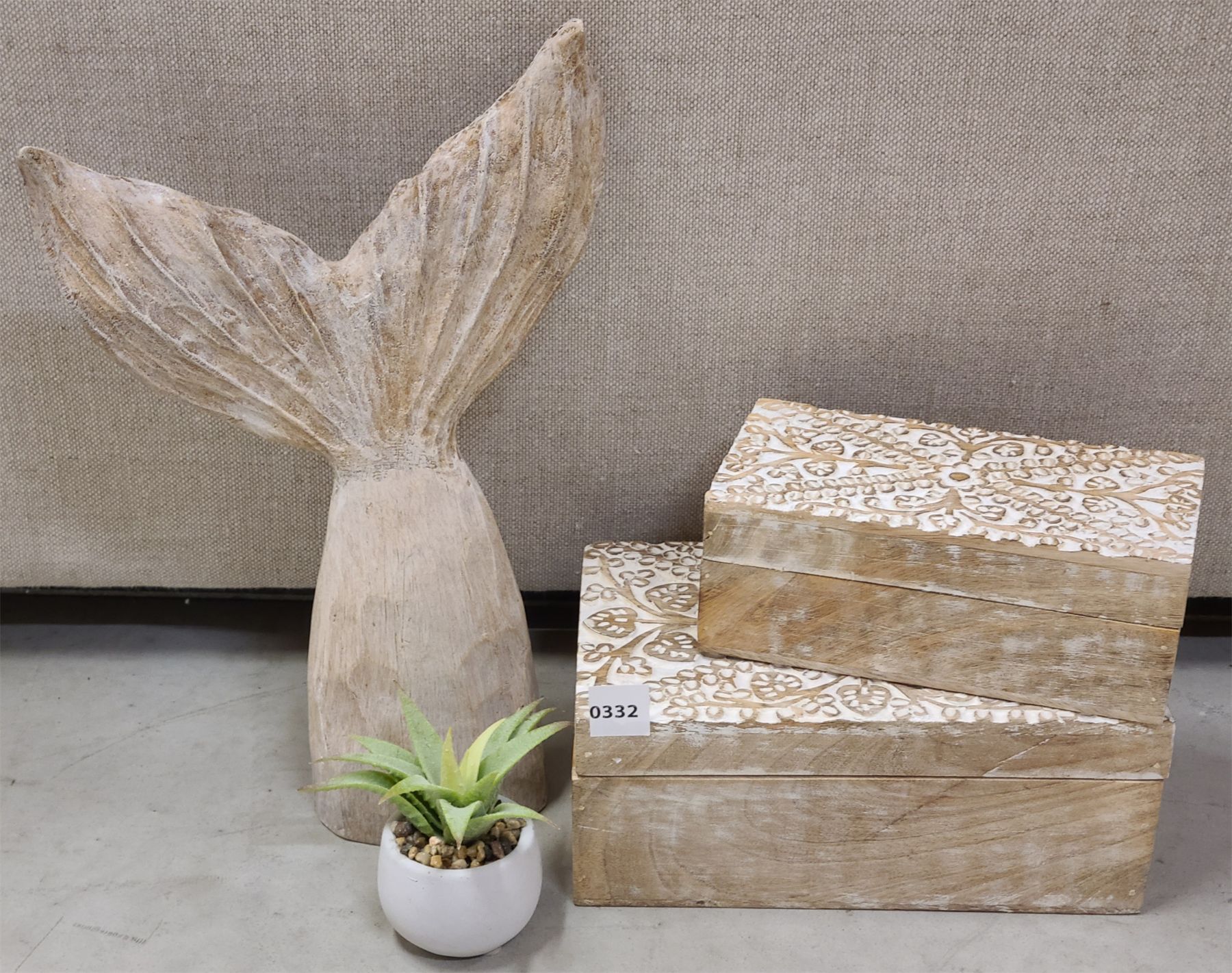 LOT OF 4 - CARVED WOODEN BOXES, SUCCULENT & FISHTAIL DECOR