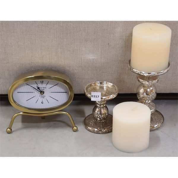 LOT OF 5 - CANDLES, GOLD STYLE CLOCK, & HOLDERS