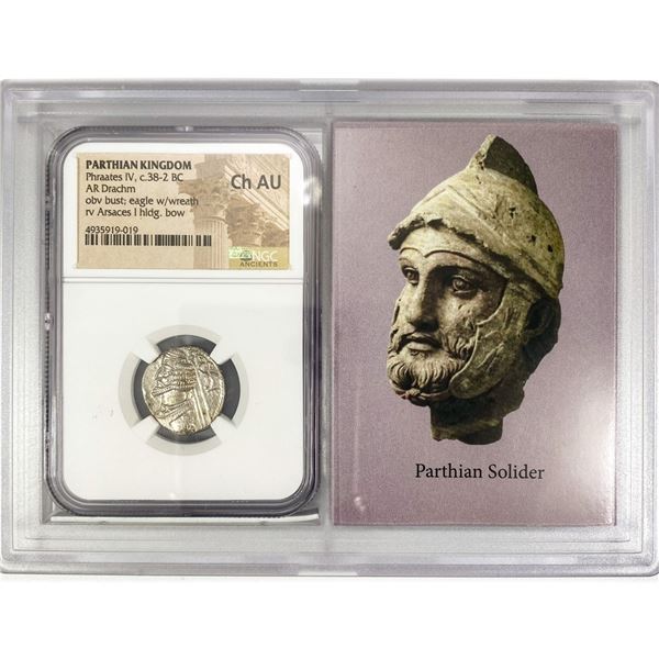 38-2 BC Parthian Silver Drachm NGC Ch AU