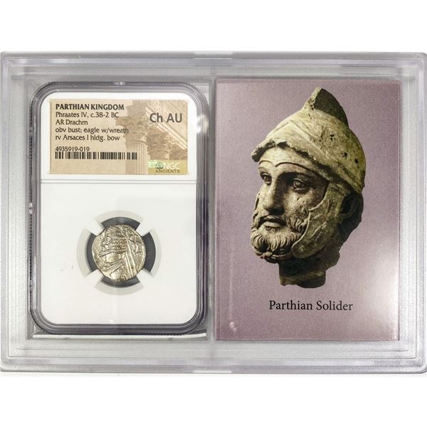 38-2 BC Parthian Silver Drachm NGC Ch AU