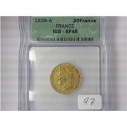 1839-A France Gold 20 Francs ICG EF45 .1867 AGW